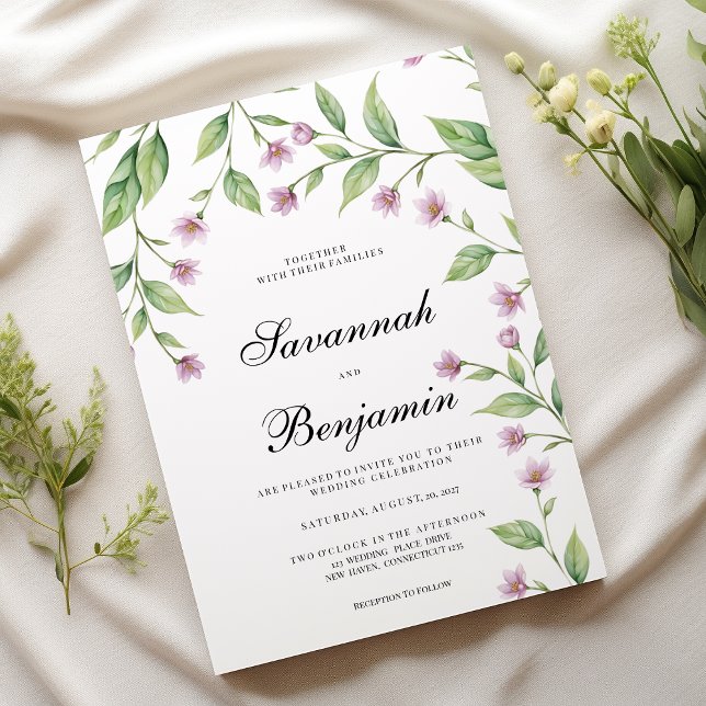 Enkel lavender rosa grönt blommigt bröllop inbjudningar (Simple lavender pink green floral wedding)