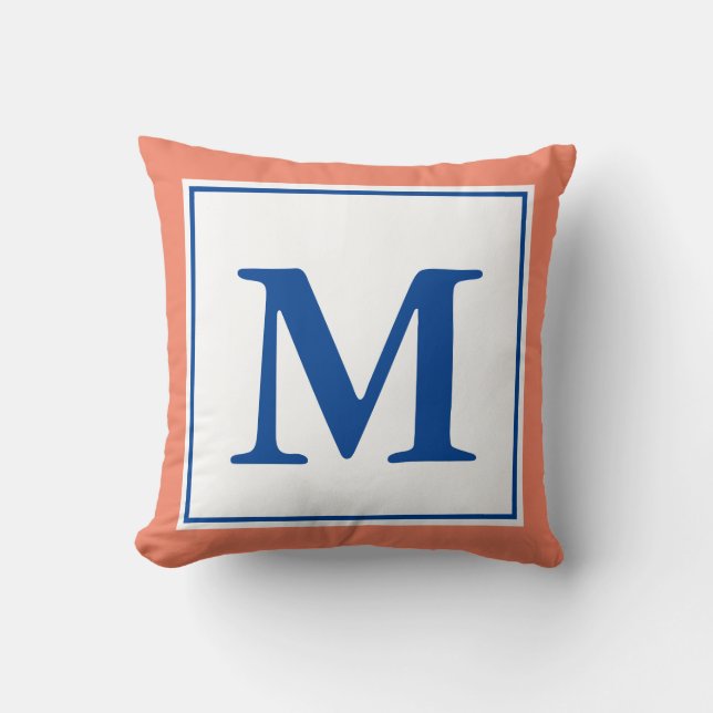 Enkel lax och djupblå monogrammad kudde (Framsida)