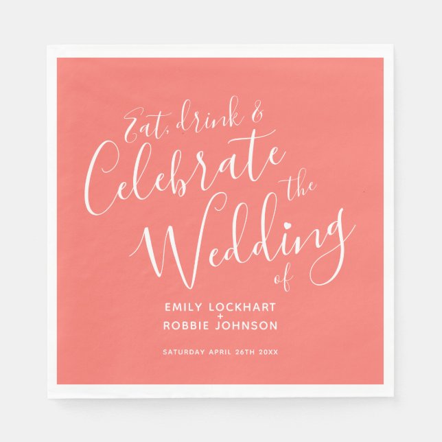 Enkel levande korall och vita bröllop-blöjor pappersservett (Framsidan)