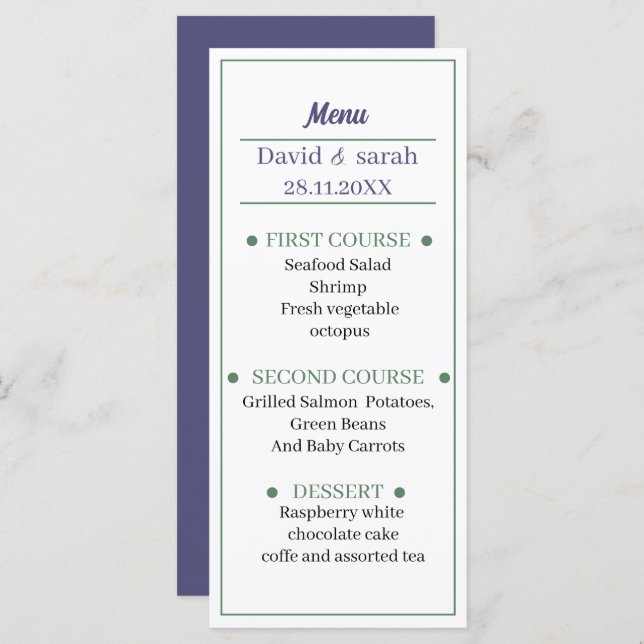 Enkel Lila Anpassad Bröllop-middag Meny (Fram/baksida)