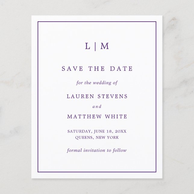 Enkel lila budgetbröllop Save the Date (Framsida)