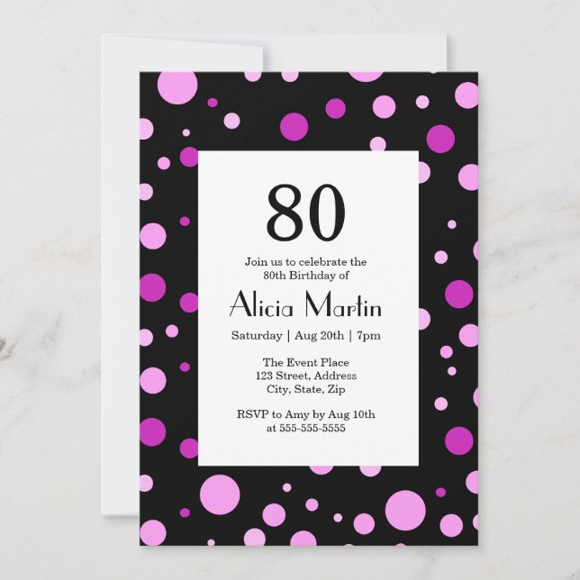 Enkel Lila Lilac Polka Dot Black 80:e födelsedagen Inbjudningar (Framsida)