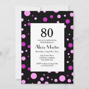 Enkel Lila Lilac Polka Dot Black 80:e födelsedagen Inbjudningar