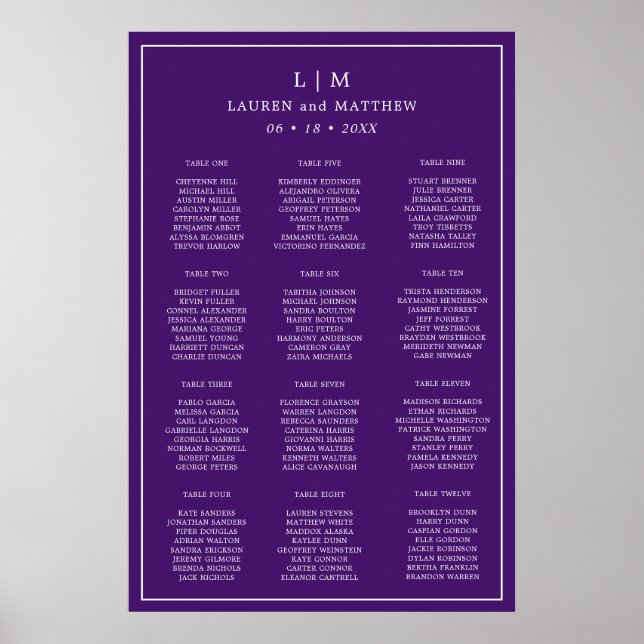 Enkel Lila Monogram Bröllopsställningskarta Poster (Framsidan)
