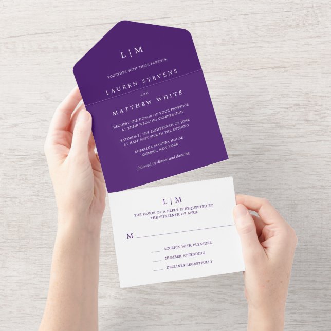 Enkel Lila Monogram Elegant Bröllop (Avrivbar del)