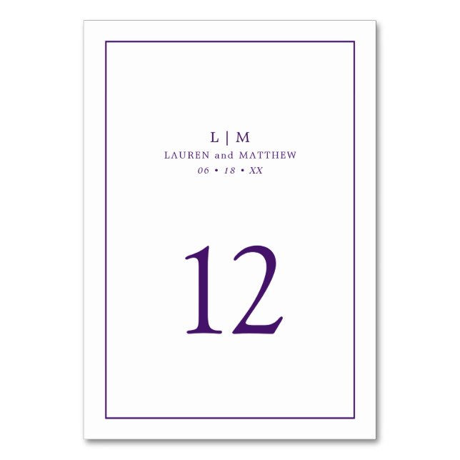Enkel Lila Monogram Elegant Bröllop Bordsnummer (Framsidan)