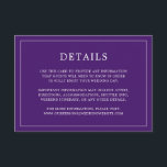 Enkel lila monogram elegant bröllopsinbjudan tilläggskort<br><div class="desc">Enkel bröllopsbiljett med en modern men ändå elegant design med dina detaljer omgivna av en tunn ram. All text är vit på en lila bakgrund. Teckensnitt och bakgrundsfärger kan ändras till valfri färg genom att klicka på "anpassa"-knappen. En chic och stilren design som passar perfekt för ett minimalistiskt par.</div>