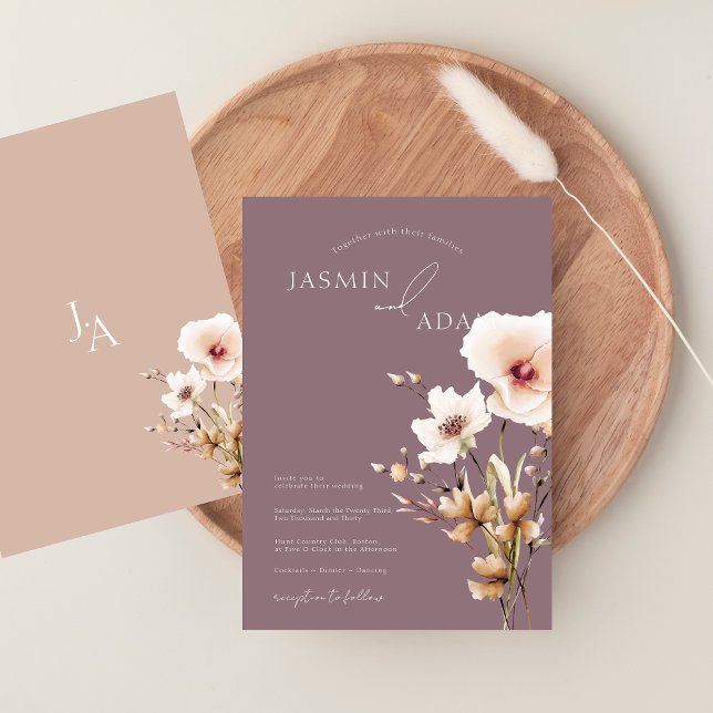 Enkel Lila Rosa Vilda Blommor Blommig Bröllop Inbjudningar (Simple Purple Pink Wildflowers Wedding Invitation)