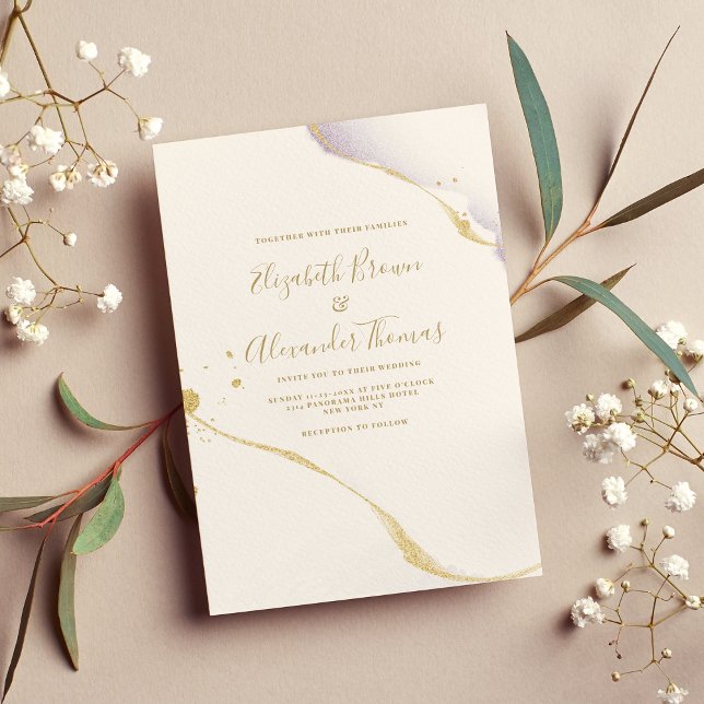 Enkel lila vattenfärg och guld glitter bröllop inbjudningar (Simple purple watercolor and gold glitter wedding)