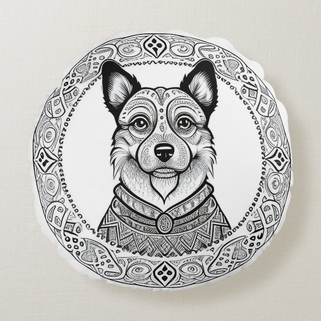Enkel linjeillustration av hund Minimalistisk deko Rund Kudde (Framsidan)