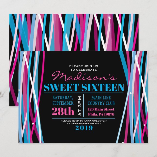 ENKEL LINJER Sweet sixteen 16 Inbjudan (Fram/baksida)