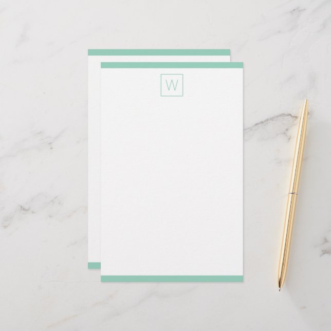 Enkel ljus teal och vit monogram brevpapper (Fram/Back In Situ)