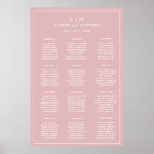 Enkel ljusrosa monogram bröllops sittplatskarta poster
