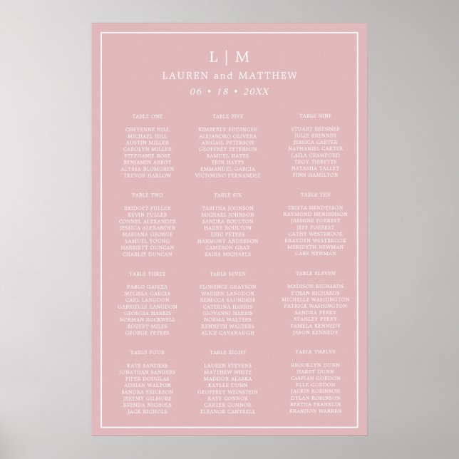Enkel ljusrosa monogram bröllops sittplatskarta poster (Framsidan)