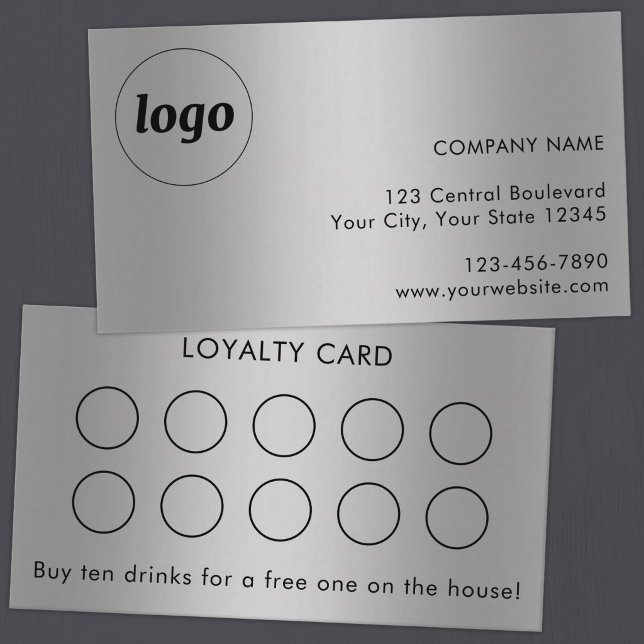 Enkel Logo och Text Kundlojalitetskort Silver Visitkort (Simple logo with custom text business branding promotional loyalty card with silver finish)