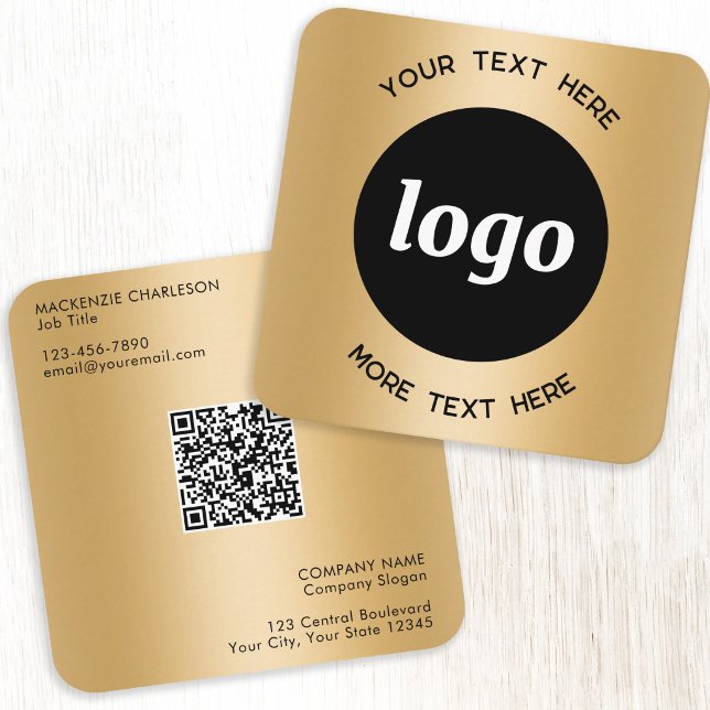 Enkel Logo och Text QR-kod Guld Fyrkantigt Visitkort (Simple logo with custom text qr code business branding promotional gold effect square business card)