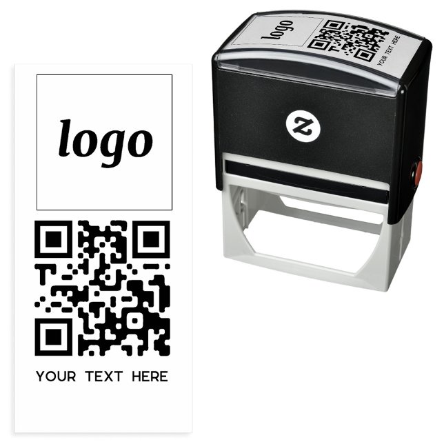 Enkel Logo QR-kod Text Affärsmarknadsföring Självfärgande Stämpel (Simple logo with custom text and QR code business branding promotional self inking stamp)
