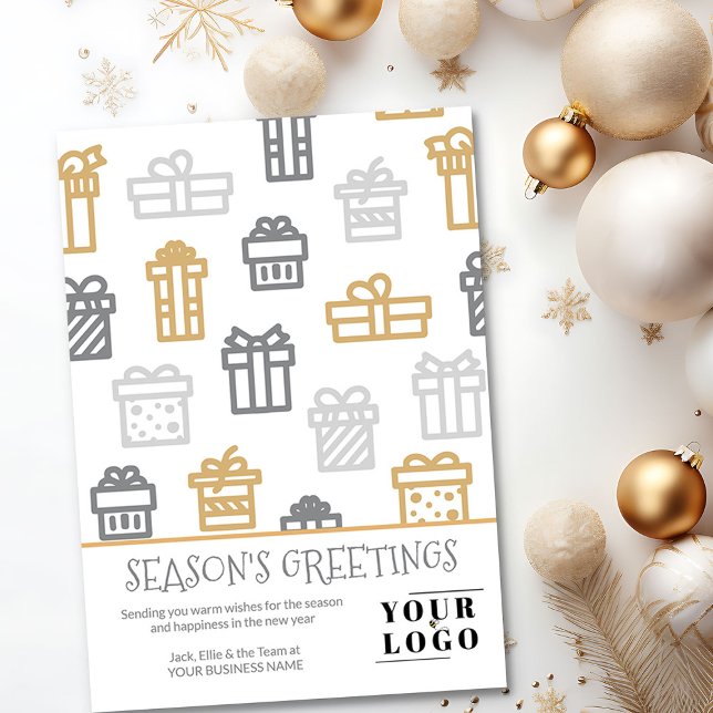 Enkel Logotyp för modern julklapp i Anpassningsbar Julkort (Logo Holiday Card with Seasons Greetings and Christmas Gifts by Busy Business Bee)