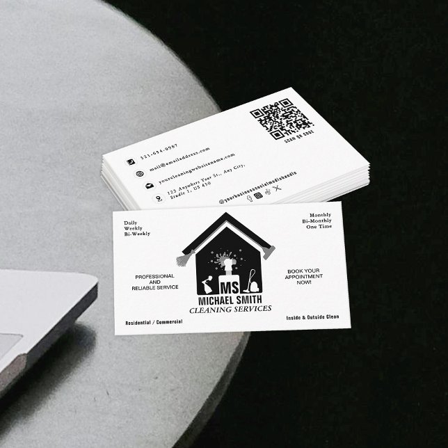 Enkel Logotyp för Städning av professionell i mono Visitkort (Skapare uppladdad)