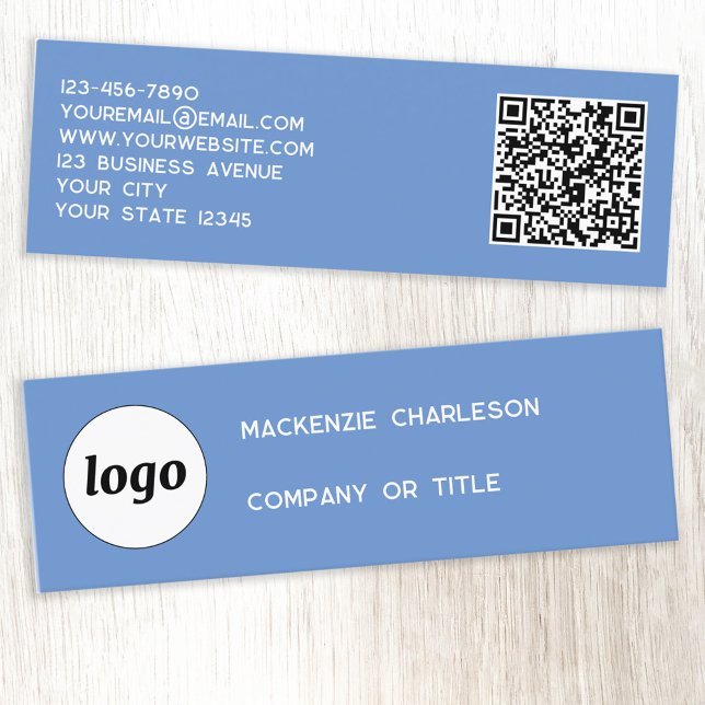 Enkel logotyp och QR-kod Blå Mini Affärsbrevkort Visitkort (Logo with QR code and custom text blue mini business cards)