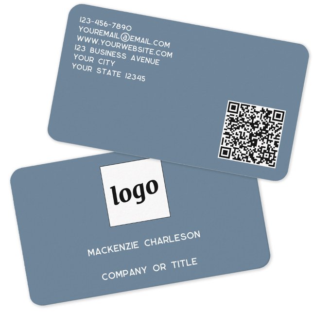 Enkel Logotyp och QR-kod Dusty Blue Grått Visitkort (Logo QR code with custom text blue gray professional business card)