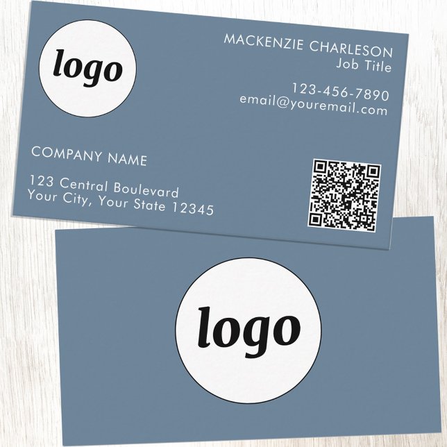 Enkel Logotyp och QR-kod Dusty Blue Grått Visitkort (Logo with QR code custom text blue gray professional business card)