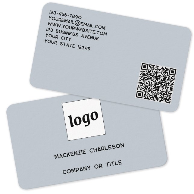 Enkel Logotyp och QR-kod Pulver Blue Visitkort (Minimalist logo with QR code and custom text dusty powder blue business card)