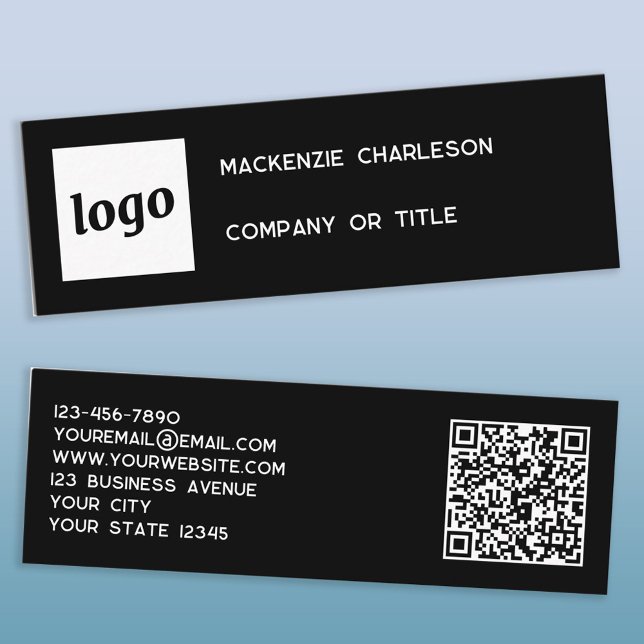 Enkel logotyp och QR-kod svart Mini Visitkort (Logo QR code and text custom black mini business card)