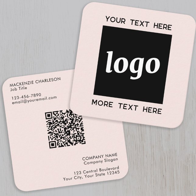 Enkel Logotyp och  Rosa för QR-kod Fyrkantigt Visitkort (Logo QR code with custom text blush pink professional business card)