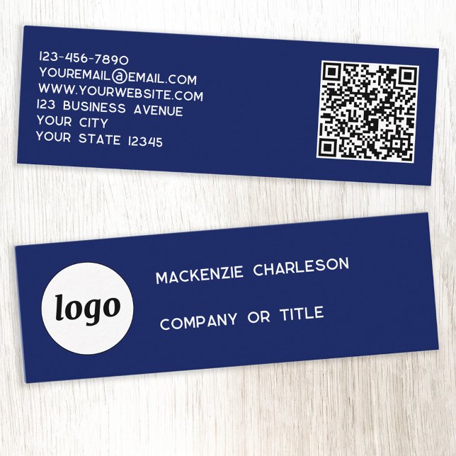 Enkel Logotyp och svart QR-kod Mini Visitkort (Navy blue and white logo, custom text and QR code professional mini business card)