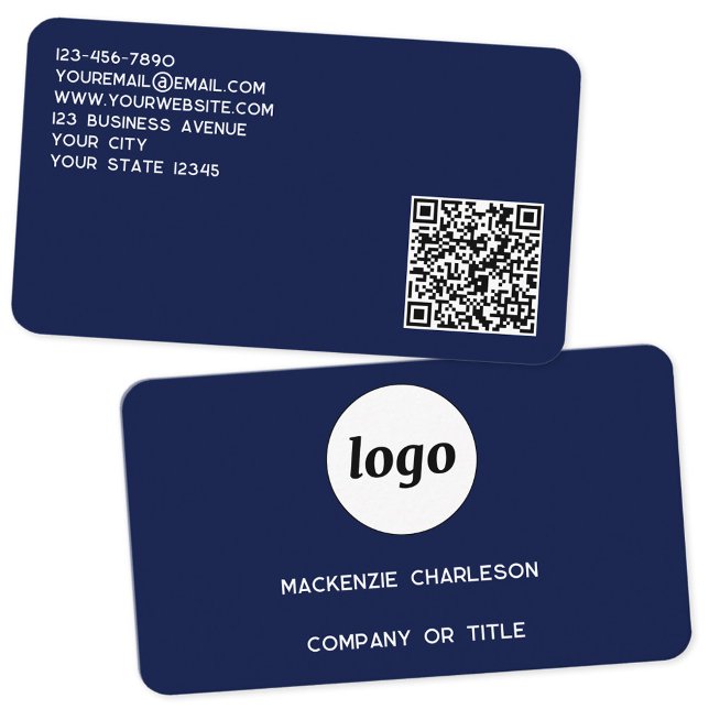 Enkel Logotyp och svart QR-kod Visitkort (Logo with QR code and custom text navy blue professional business card)