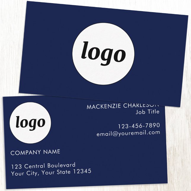 Enkel logotyp och text marinblå visitkort (Logo with custom text professional navy blue business card)