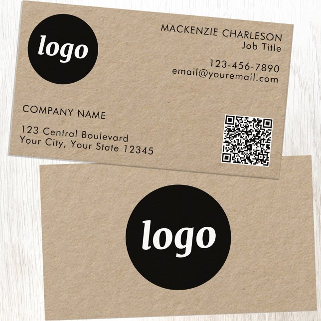 Enkel Logotyp och text QR Code Kraft Visitkort (Logo with QR code custom text Kraft business cards)