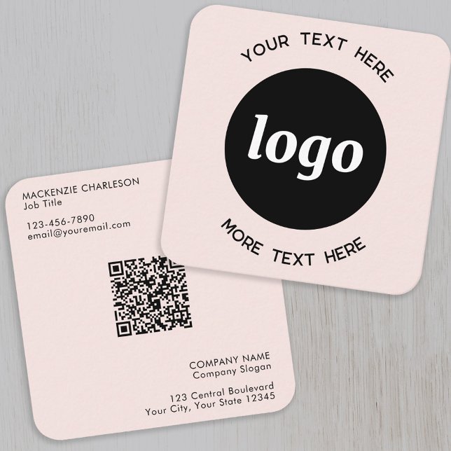 Enkel Logotyp och Text QR-kod Blush Rosa Fyrkantigt Visitkort (Logo with QR card and custom text blush pink square business card)