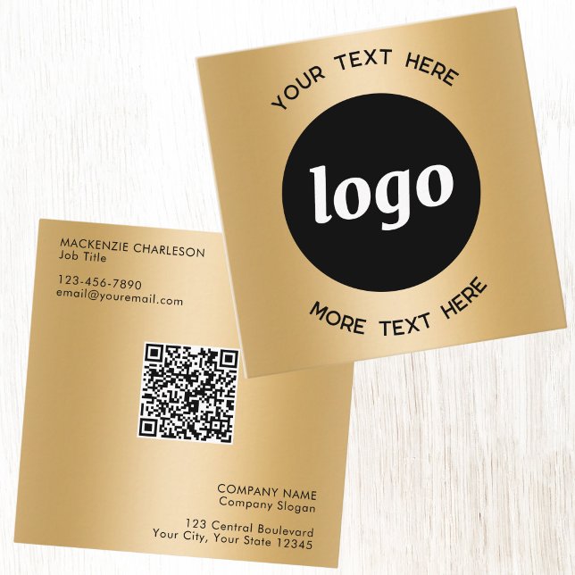 Enkel Logotyp och Text QR-kod Guld Fyrkantigt Visitkort (Logo with custom text business branding promotional qr code gold metallic effect business card)