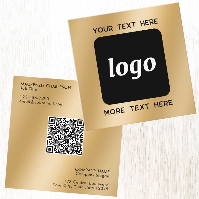 Enkel Logotyp och Text QR-kod Guld Fyrkantigt Visitkort (Simple logo with custom text QR code business branding promotional gold effect square business card)