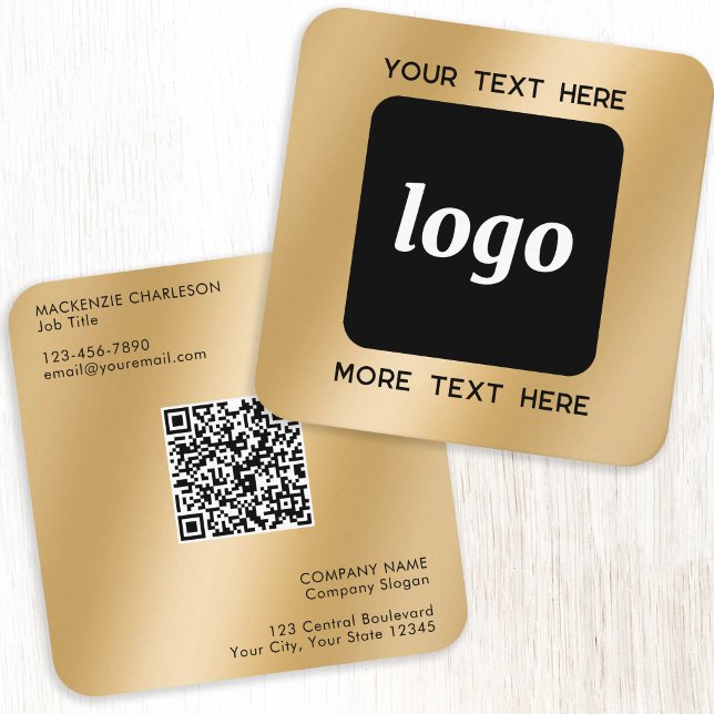 Enkel Logotyp och Text QR-kod Guld Fyrkantigt Visitkort (Simple logo with custom text QR code business branding promotional gold effect square business card)