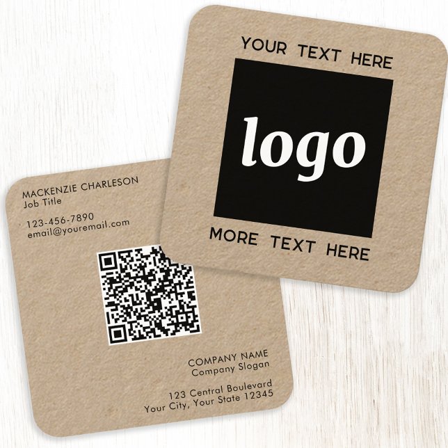 Enkel Logotyp och Text QR-kod Kraft Fyrkantigt Visitkort (Logo QR code with custom text professional Kraft business card)