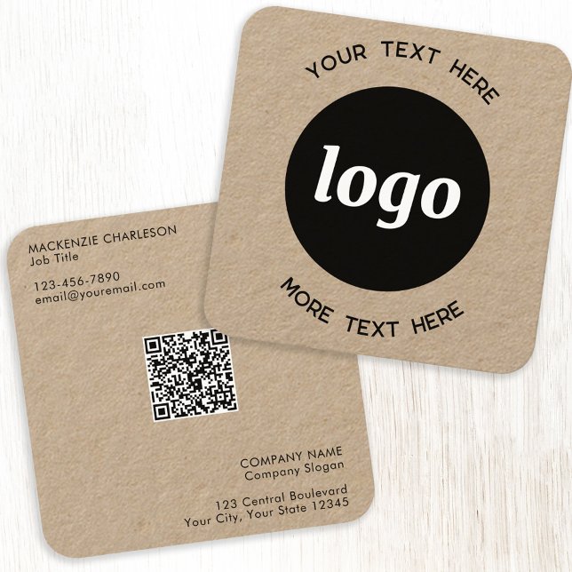 Enkel Logotyp och Text QR-kod Kraft Fyrkantigt Visitkort (Logo Qr code and text custom square Kraft business cards)