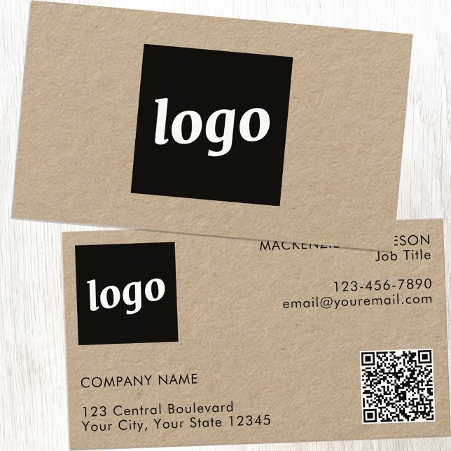 Enkel Logotyp och Text QR-kod Kraft Visitkort (Logo with QR code and custom text Kraft business cards)