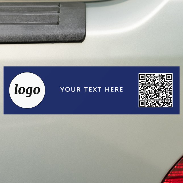 Enkel Logotyp och text, QR-kod, marin blå Bildekal (Simple logo, QR code and custom text promotional business branding bumper sticker in navy blue)