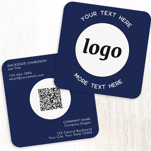 Enkel Logotyp och text QR-kod, marin blå Fyrkantigt Visitkort (Simple logo with custom text and QR code professional navy blue square business cards)
