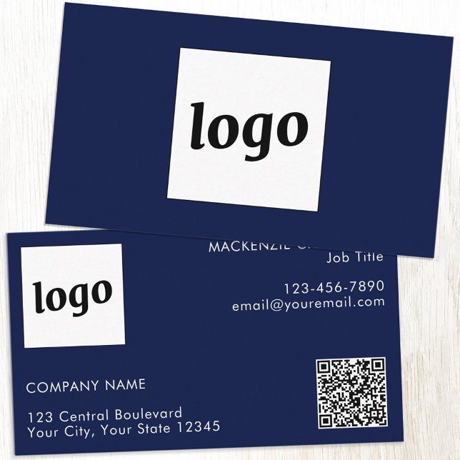 Enkel Logotyp och text QR-kod, marin blå Visitkort (Simple logo with custom text and QR code professional navy blue business card)