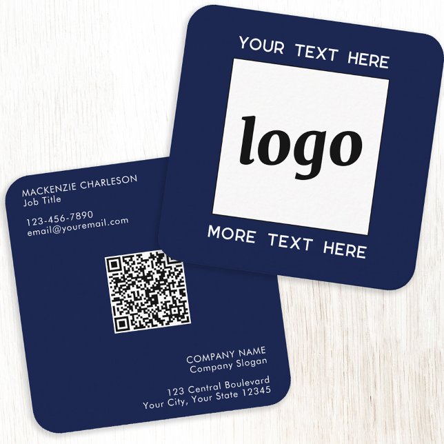 Enkel Logotyp och Text QR-kod Marinblå Fyrkantigt Visitkort (Simple logo with QR code and custom text navy blue square business card)