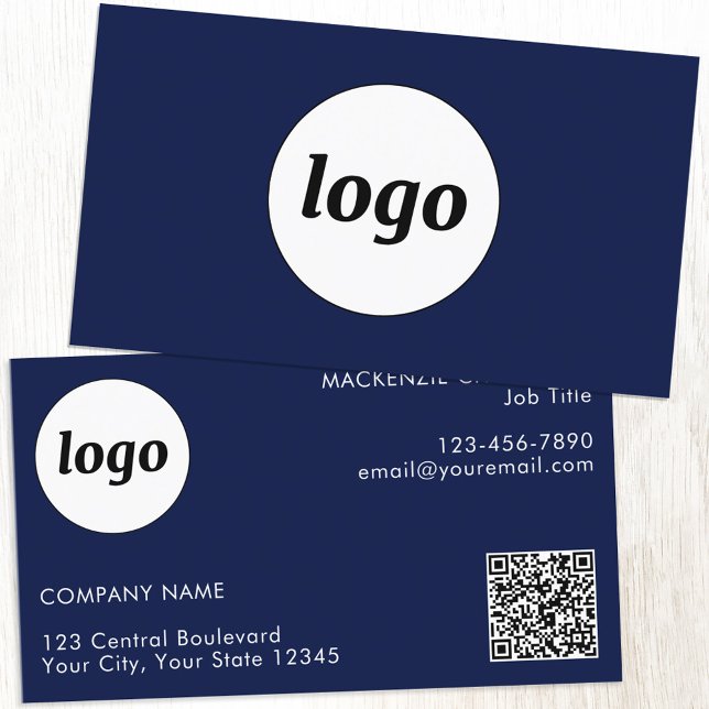 Enkel Logotyp och Text QR-kod Marinblå Visitkort (Simple logo with custom text and QR code navy blue professional business card)