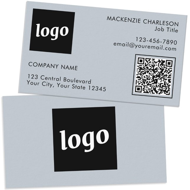 Enkel Logotyp och text QR-kod Pulver Blue Visitkort (Logo with QR code and custom text dusty powder blue mini business card)