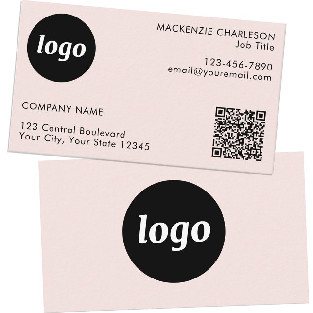 Enkel Logotyp och Text QR-kod Rosenskär Visitkort (Logo with QR code and custom text blush pink business cards)
