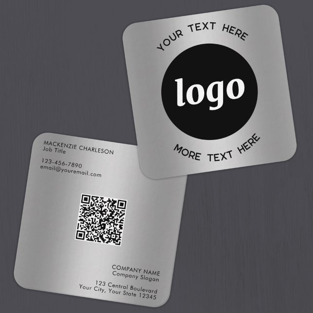 Enkel Logotyp och Text QR-kod Silver Fyrkantigt Visitkort (Simple logocustom text QR code business branding promotional silver effect business cards)