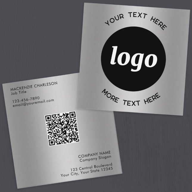 Enkel Logotyp och Text QR-kod Silver Fyrkantigt Visitkort (Simple logo custom text QR code siiver metallic effect business branding promotional business cards)
