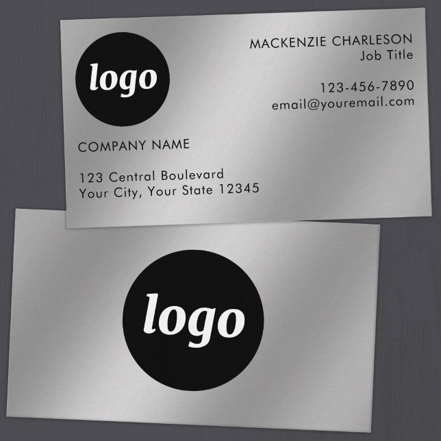 Enkel logotyp och text Silvereffekt Visitkort (Simple logo with custom text business branding promotional business card with silver metallic effect)